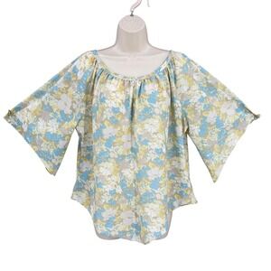Boho Floral Shirt Women Retro Feminine Poncho Kimono Sleeve Peasant Top Size L